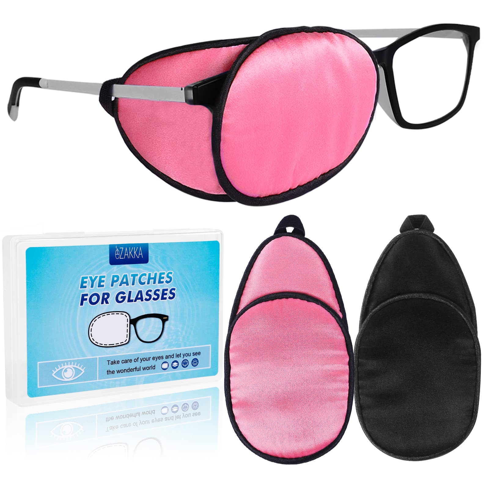 eZAKKA eye patch for adults in peach pink and black over glasses