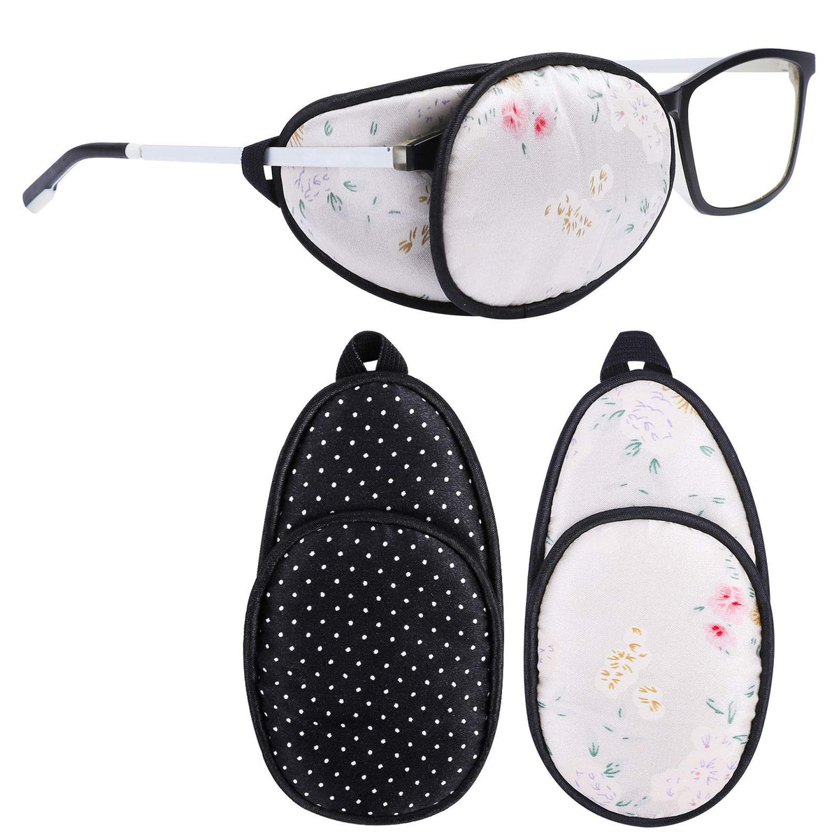 eZAKKA floral and black polka dots eye patch worn over glasses, front view