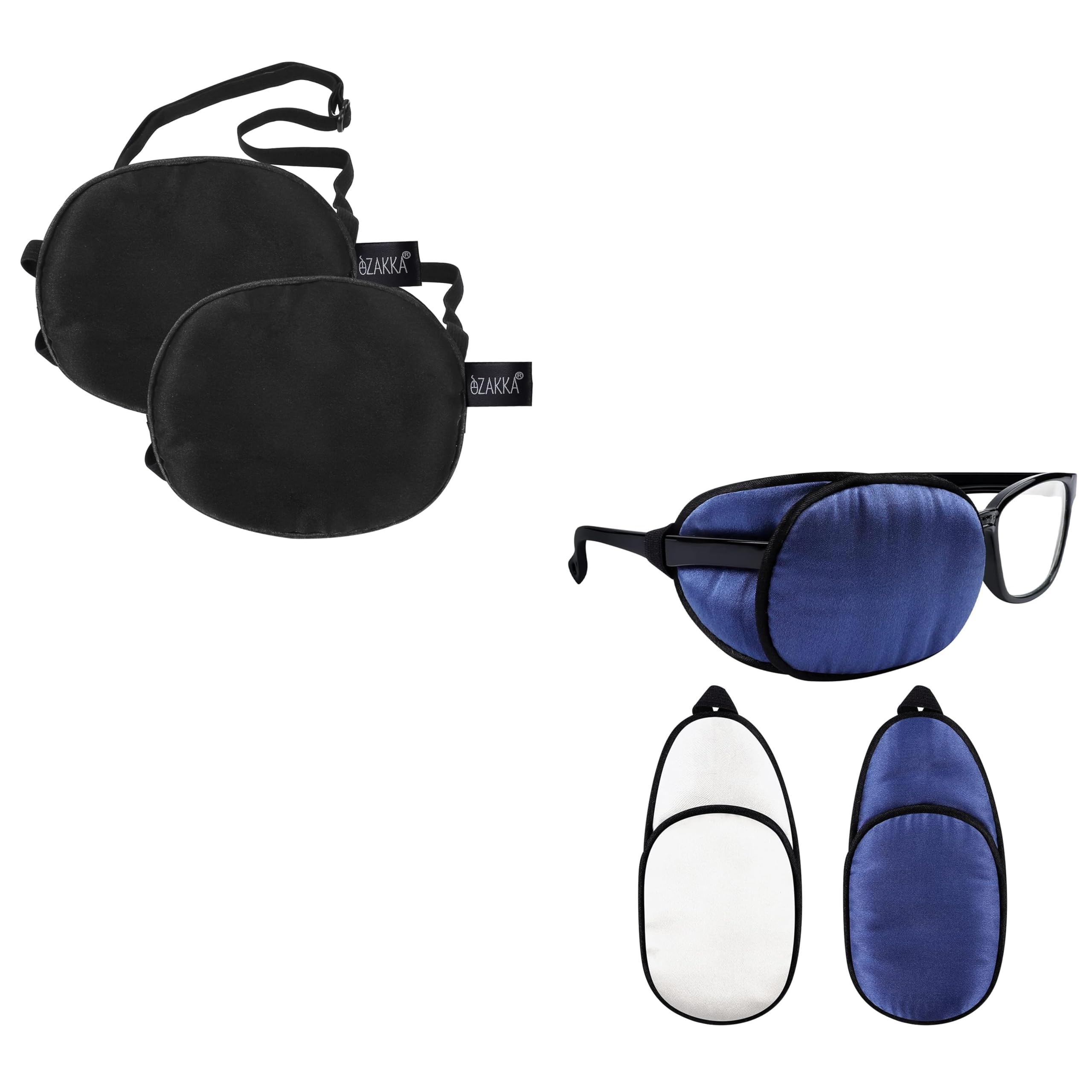 eZAKKA eye patches for adults and kids in black, purple and white with left and right fit