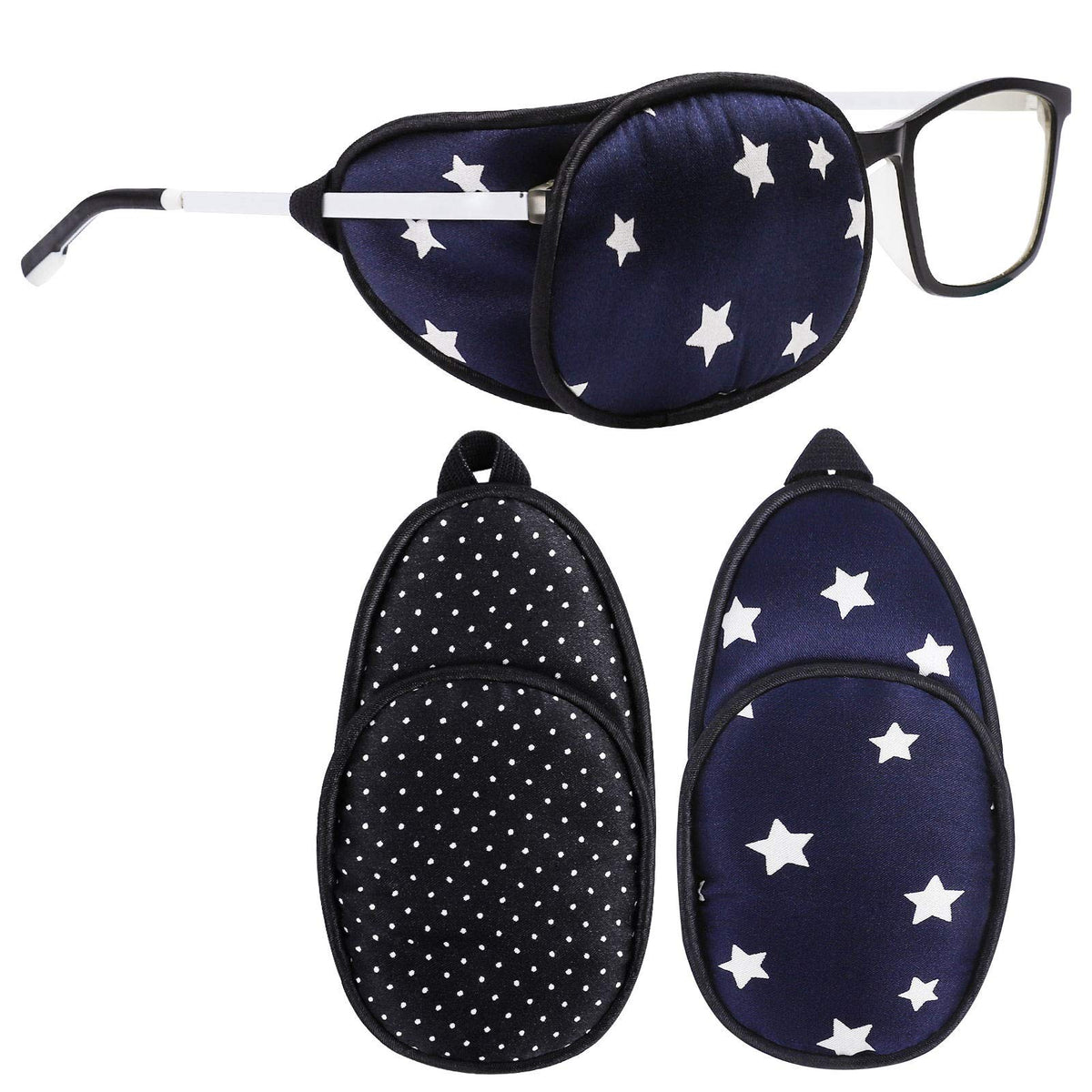 eZAKKA silk eye patch for adults over glasses with blue star and black dots