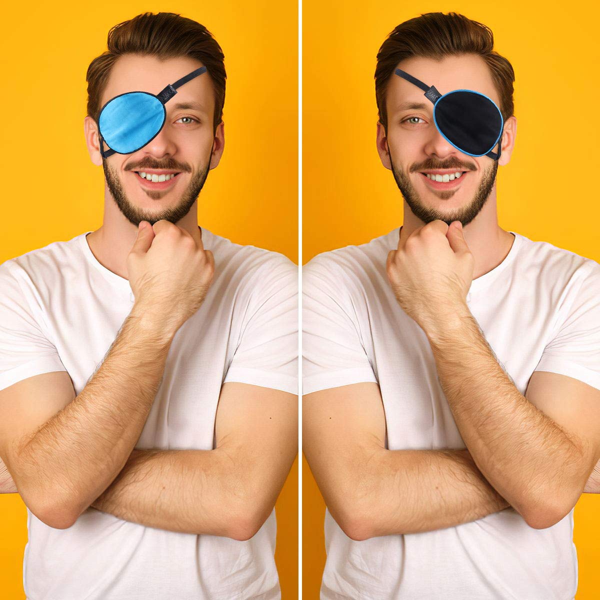 Close-up of blue and black silk eye patch showing soft silk material