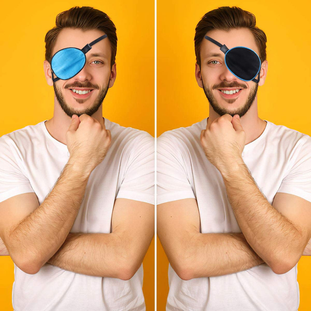 Close-up of blue and black silk eye patch showing soft silk material
