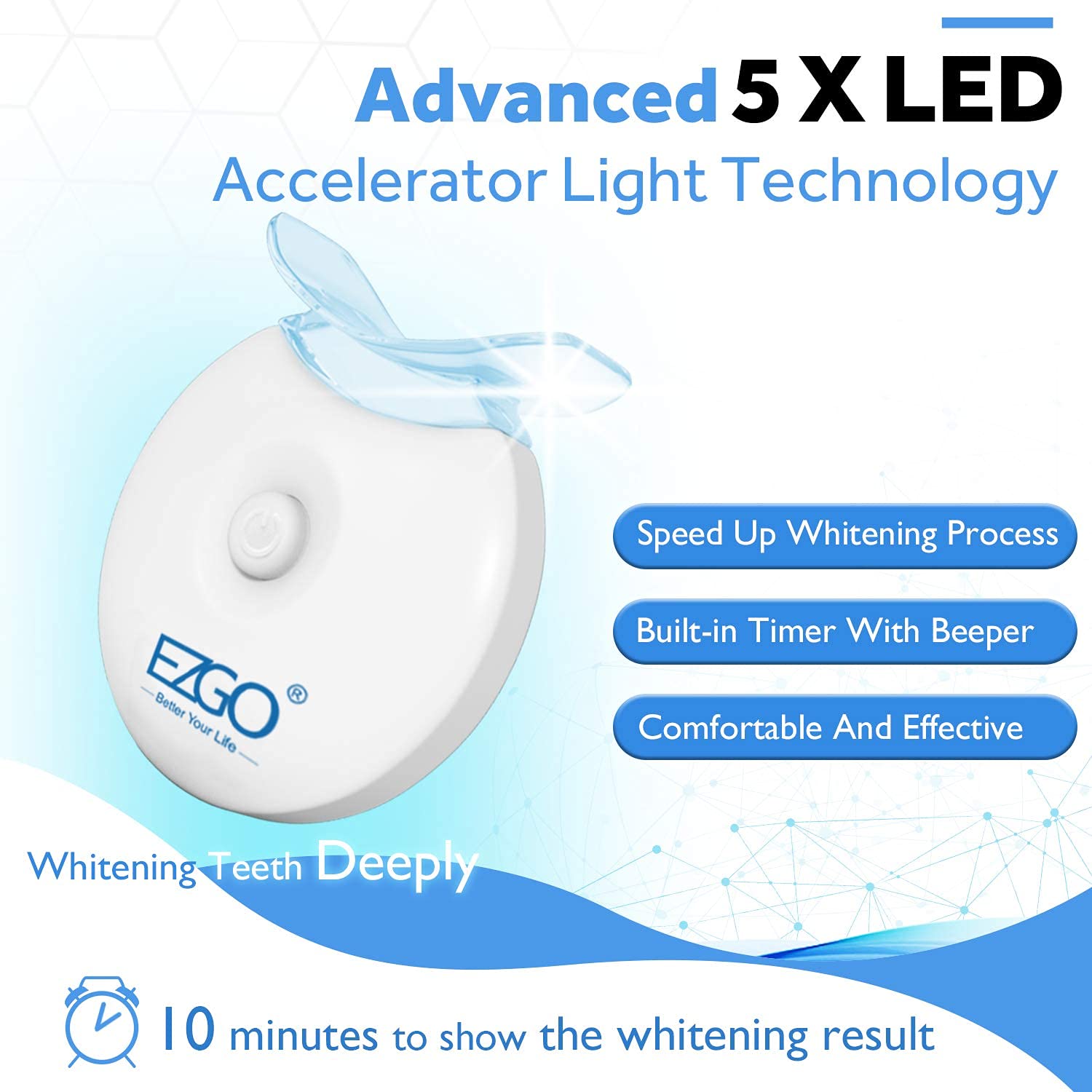 Close-up of EZGO LED whitening light showing buttons and timer