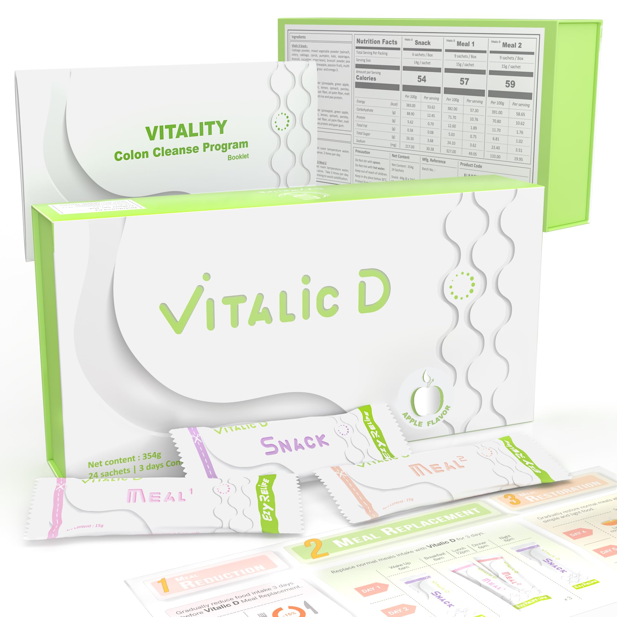 EzyRelife Vitalic D front packaging showing program benefits and apple flavor