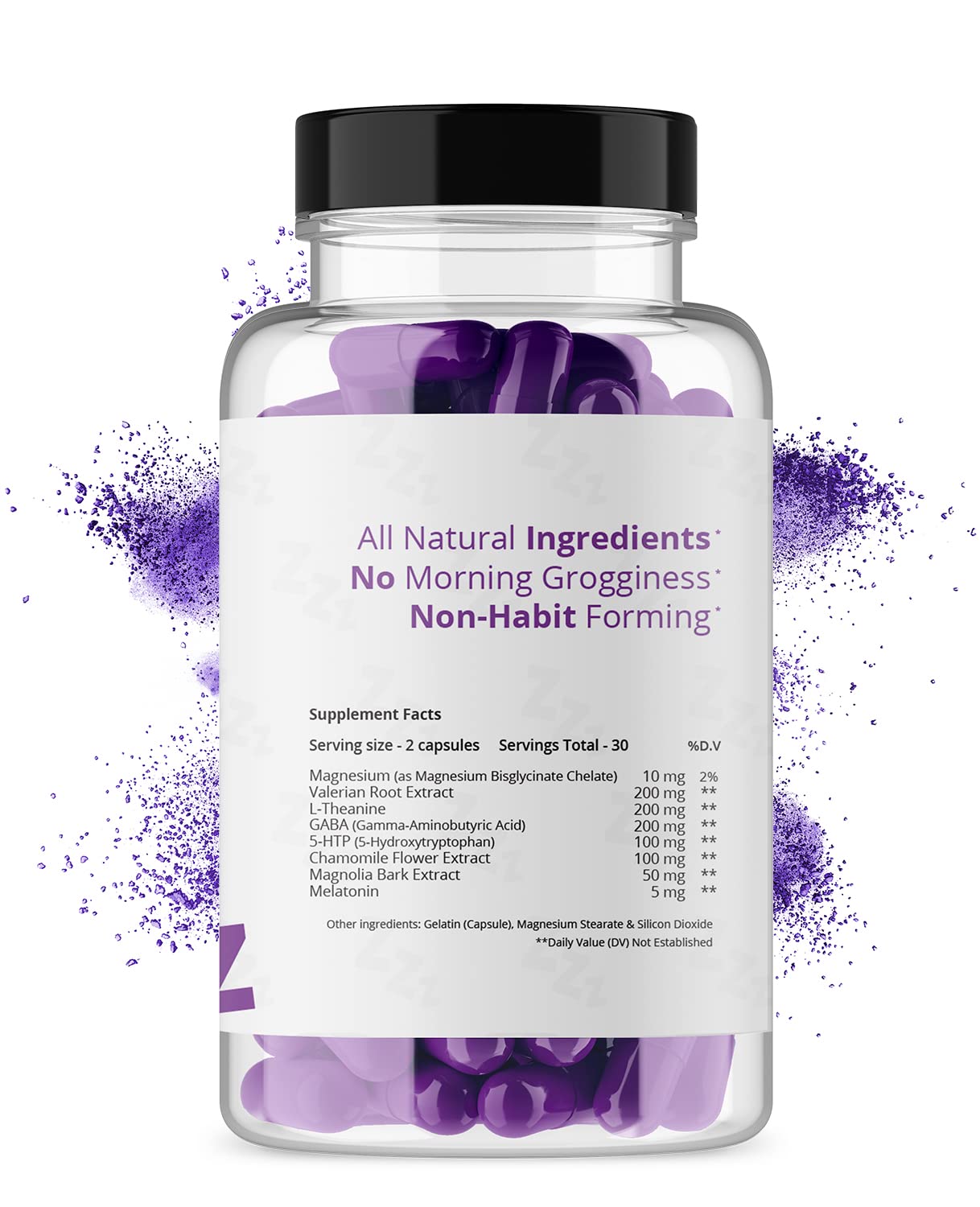 Ingredient overview: valerian root extract, L-Theanine, GABA, 5-HTP, chamomile