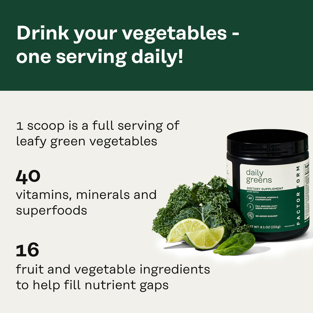 Close-up of Factor Form Daily Greens ingredients and packaging
