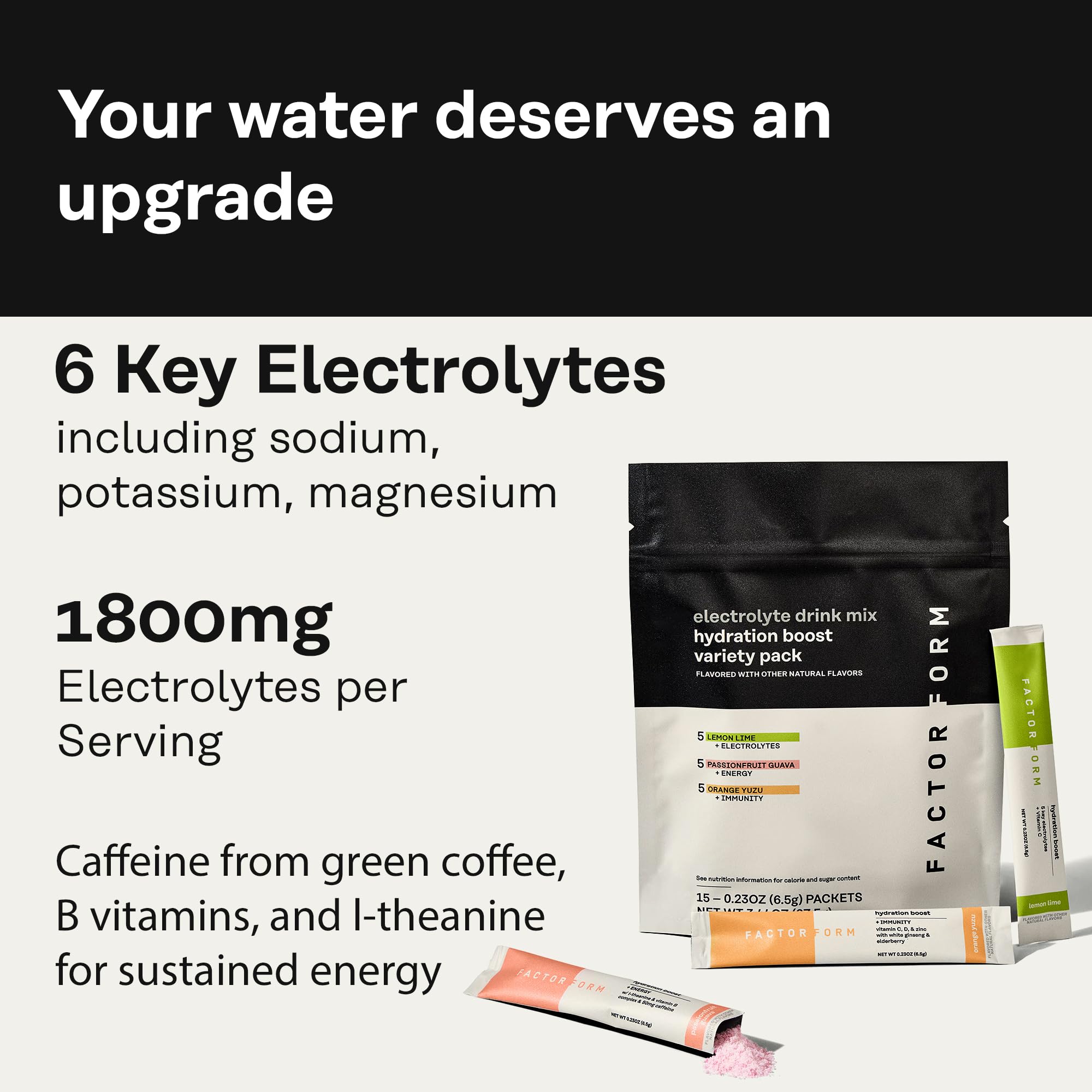 Factor Form Hydration Boost lemon-lime packet highlighting sugar-free hydration with electrolytes.