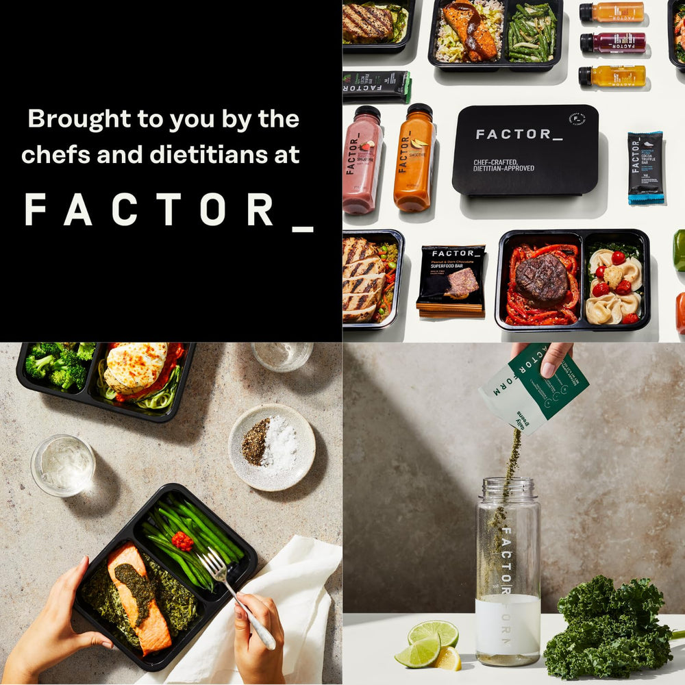 Factor Form chocolate whey scoop with glass of shake emphasizes indulgent flavor