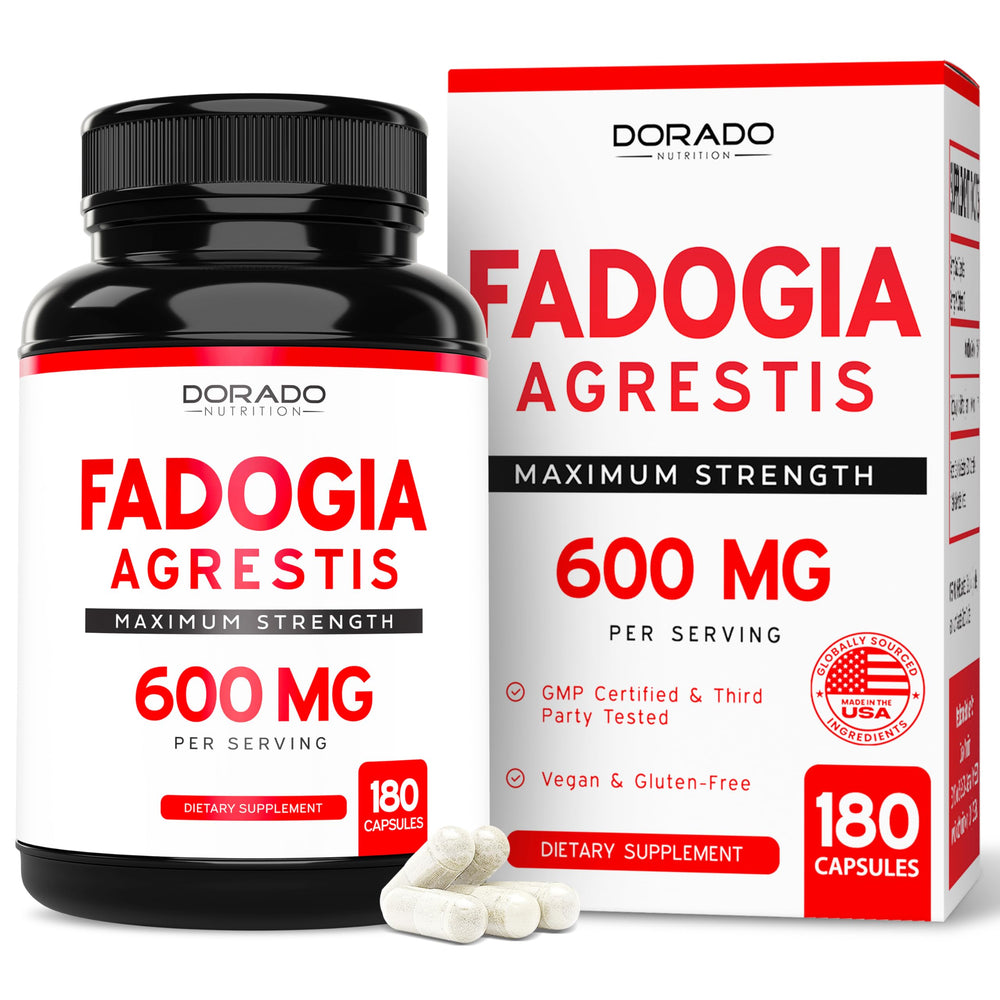 Fadogia Agrestis 600mg extract bottle with 180 vegan capsules