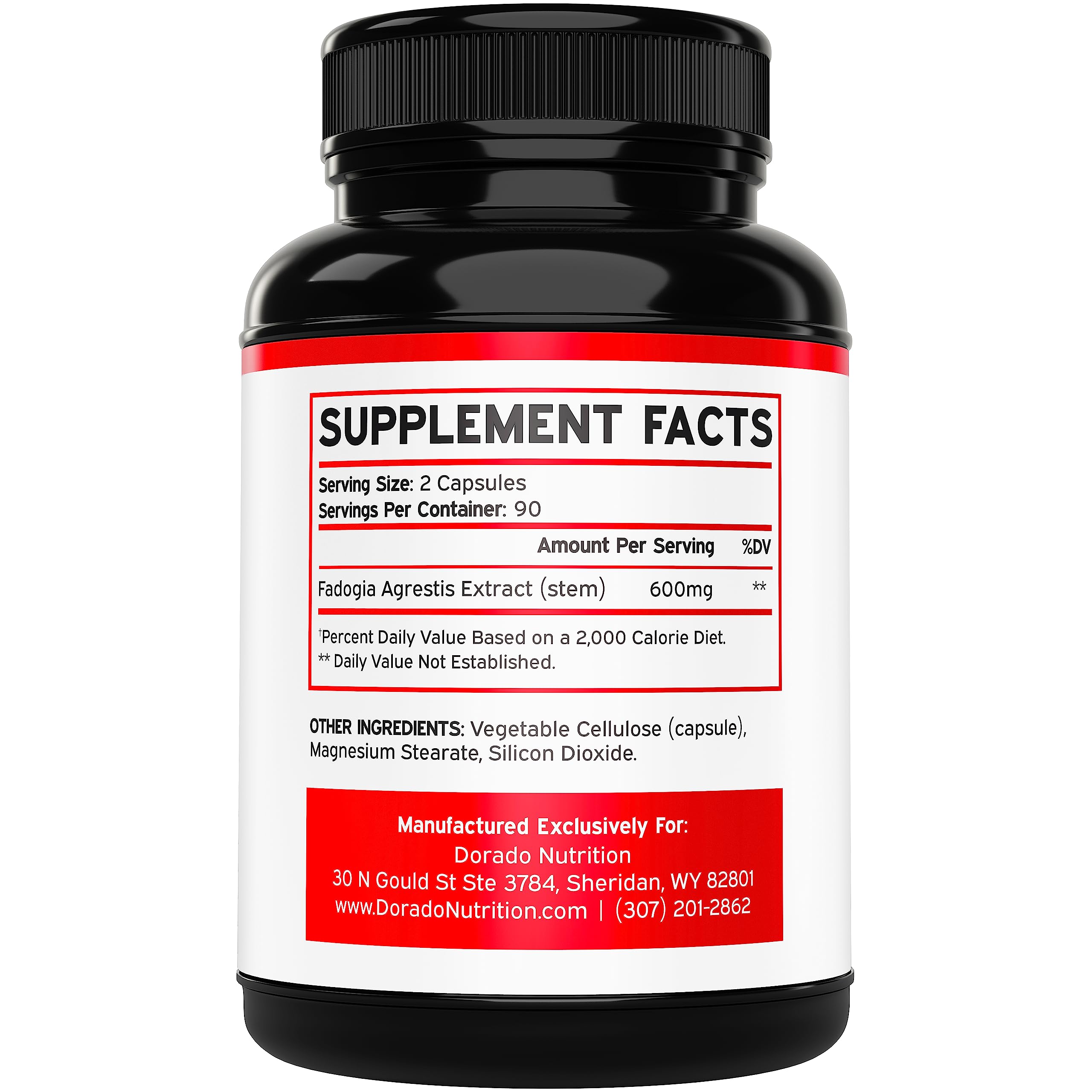 Label on Fadogia Agrestis 600mg extract bottle