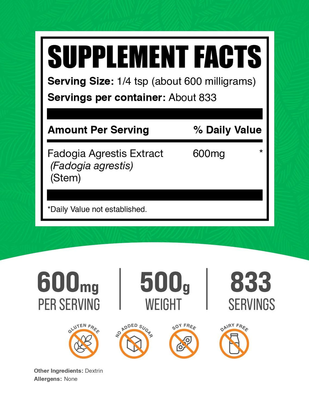 Label of Fadogia Agrestis extract powder showing ingredients