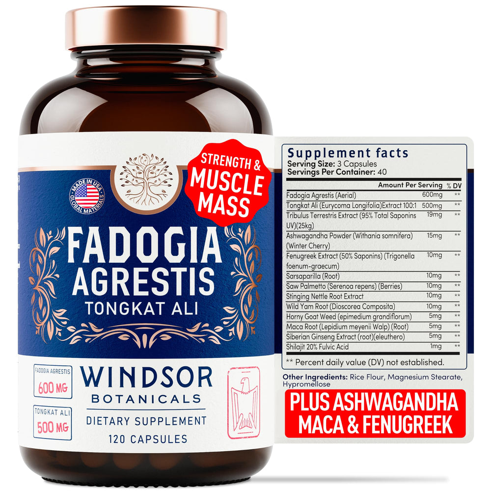 Bottle of Fadogia Agrestis and Tongkat Ali supplement with 120 capsules