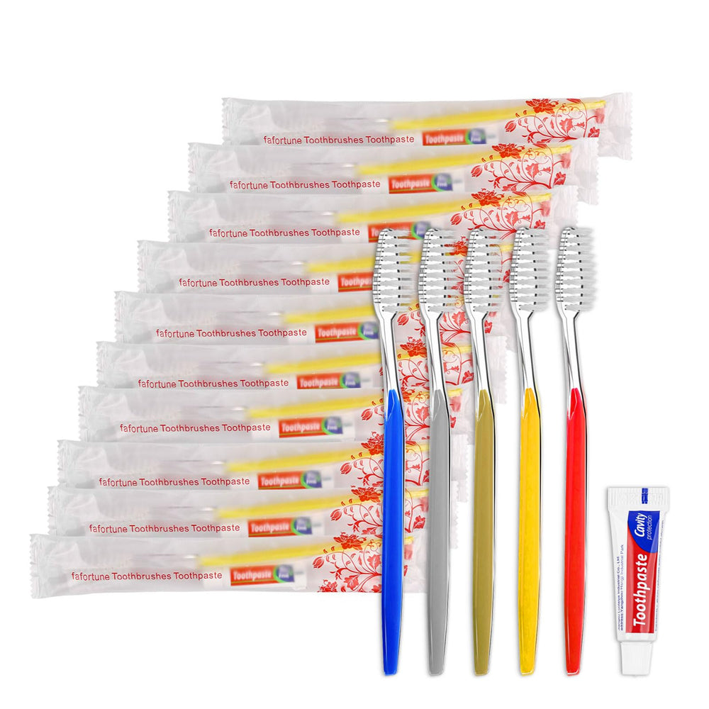 fafortune 100pcs disposable toothbrushes with toothpaste, 5 colors in box
