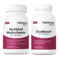 Fairhaven Health FertilAid and Ovaboost front packaging showing combo benefits