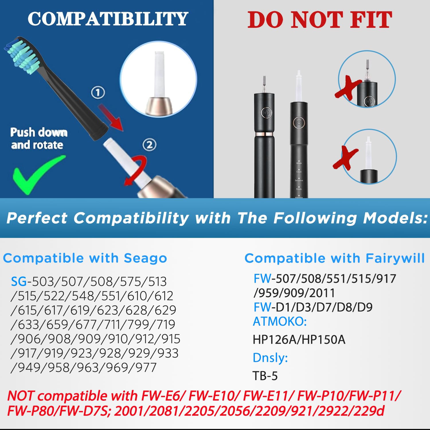 Replacement brush heads compatible with FairyWill FW-D1/D3/D7/D8