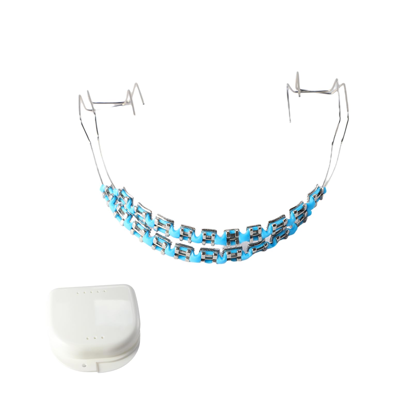 Front view of light blue fake braces kit for dental education