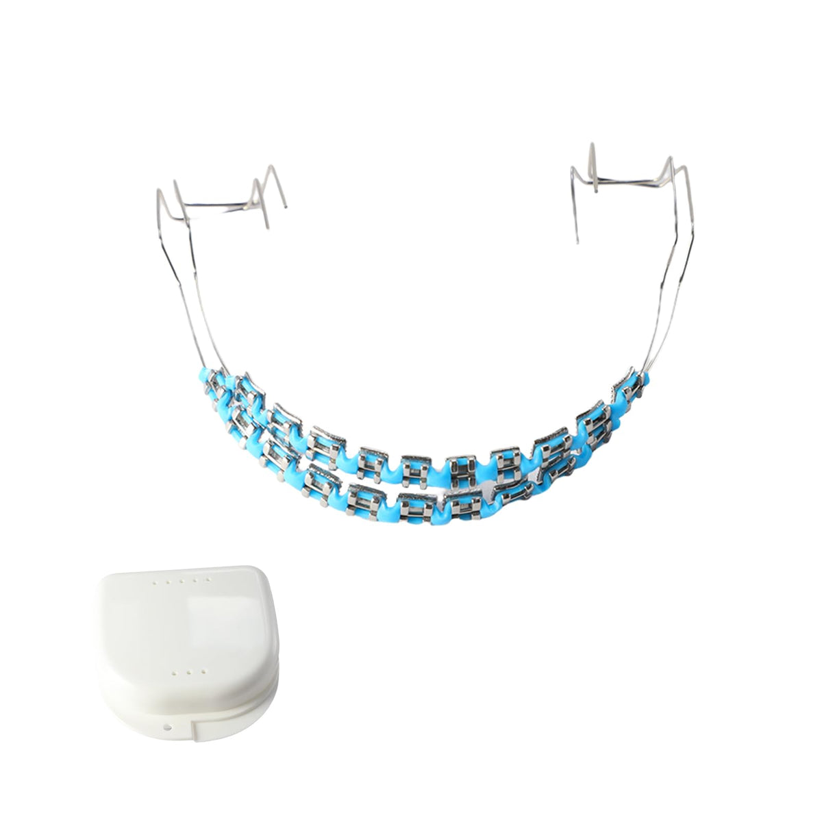 Front view of light blue fake braces kit for dental education