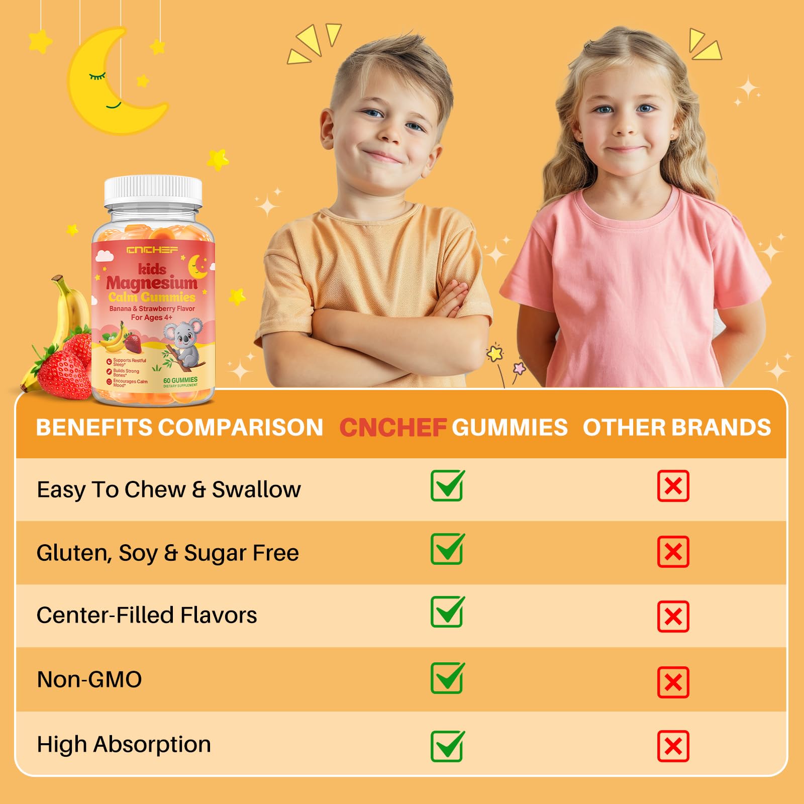 Gummies packaging demonstrating easy-to-chew texture for adults and kids