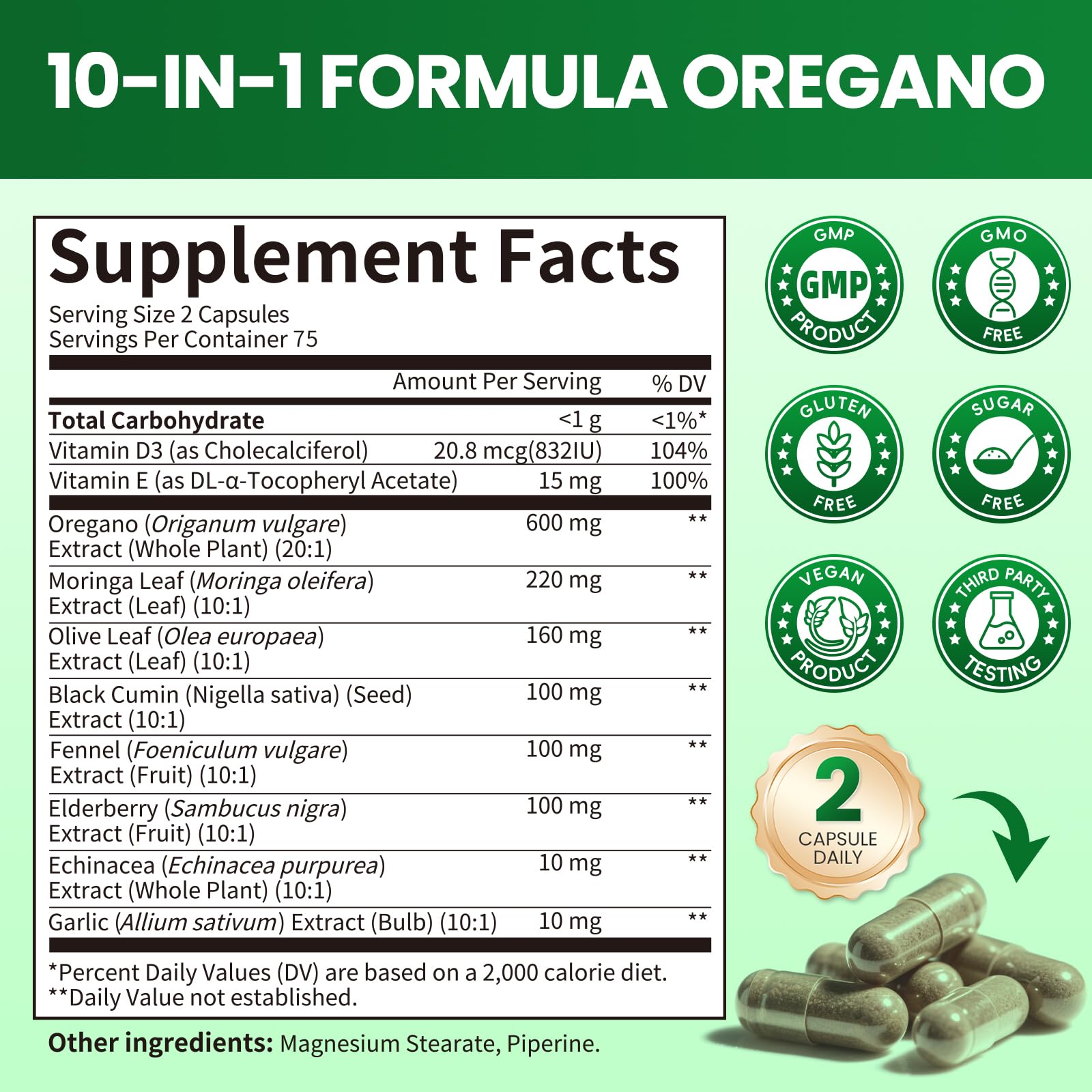 Family-friendly travel bottle of oregano oil capsules