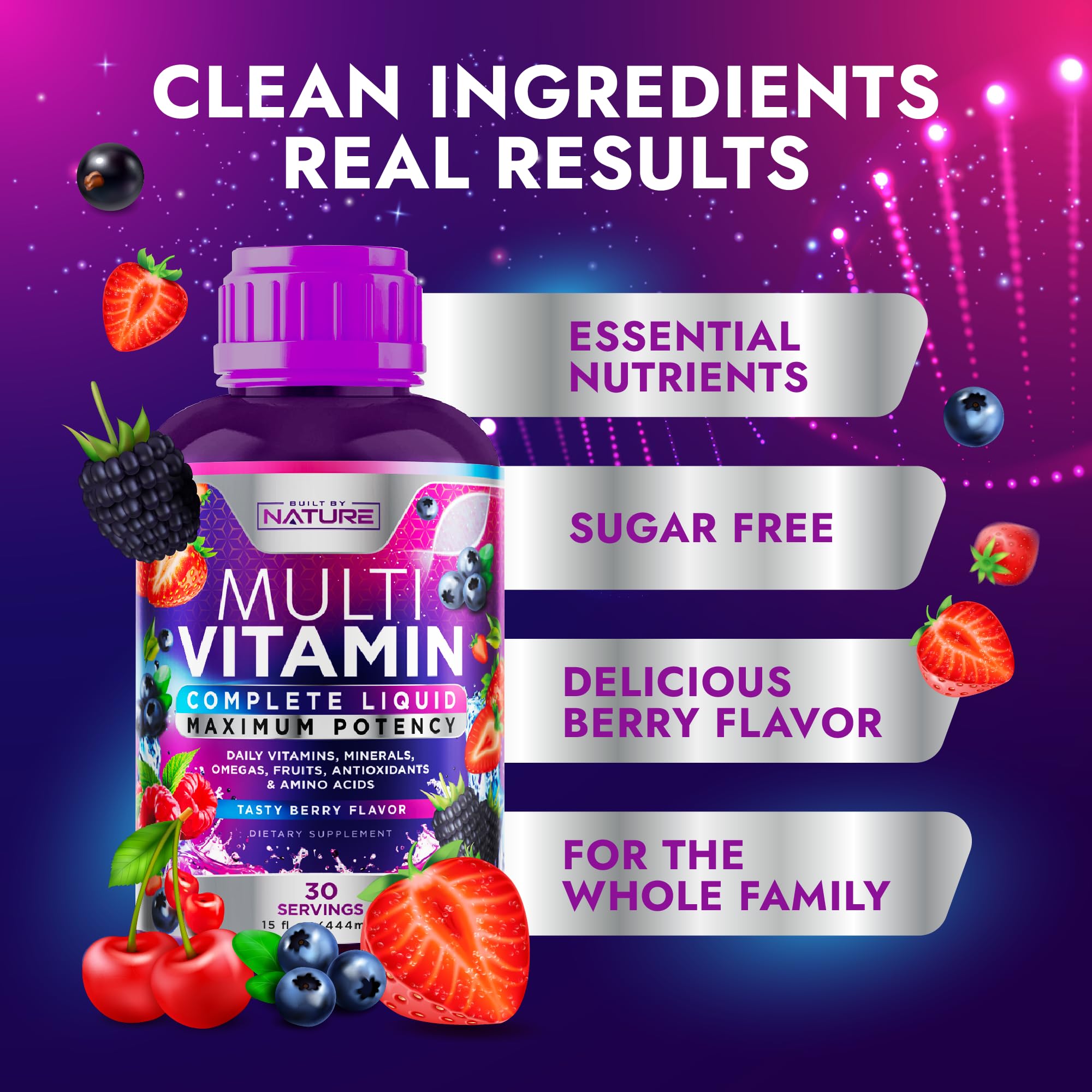 Family taking liquid multivitamin at home