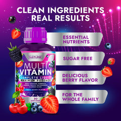 Family taking liquid multivitamin at home