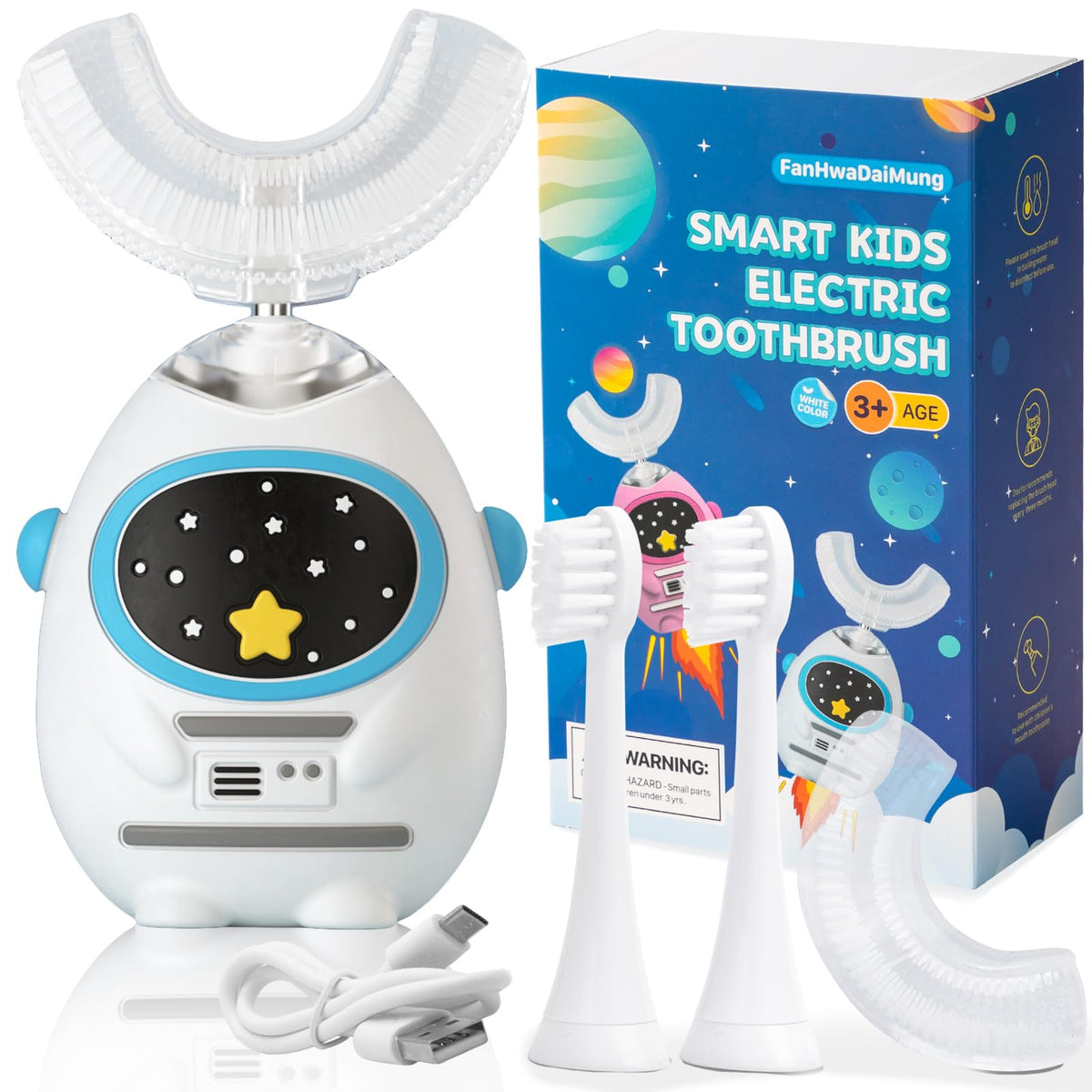 Heroic White FanHwaDaiMung kids U-shaped electric toothbrush front view