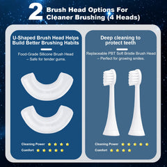 U-shaped toothbrush showing 3 musical modes and 45s timer