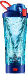 FANS-ONE electric protein shaker bottle blue front view showcases leak-proof design for gym bags.
