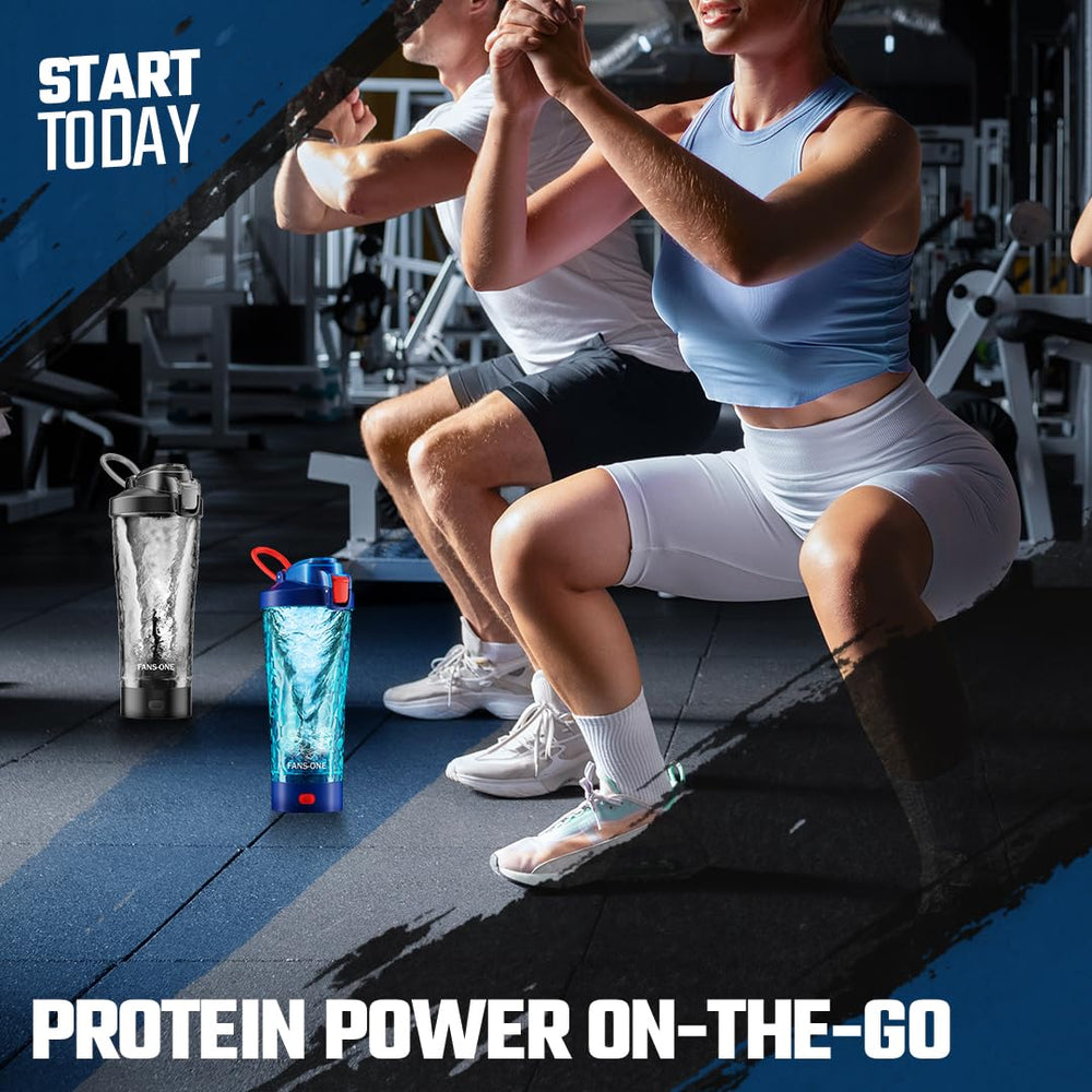 FANS-ONE electric shaker blue side view highlights one-handed operation for quick workouts.