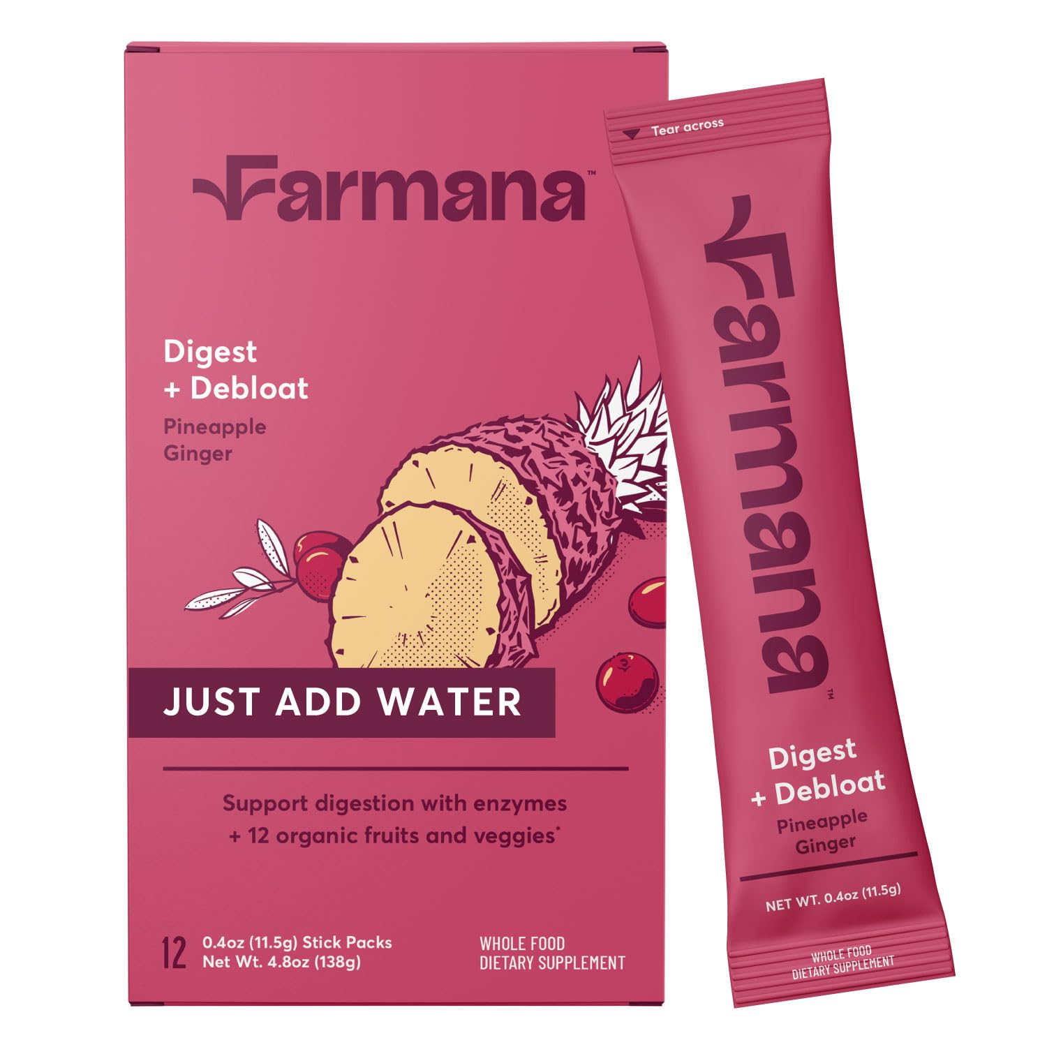 Farmana Debloating Drink Mix bottle close-up for digestion support and gentle relief.
