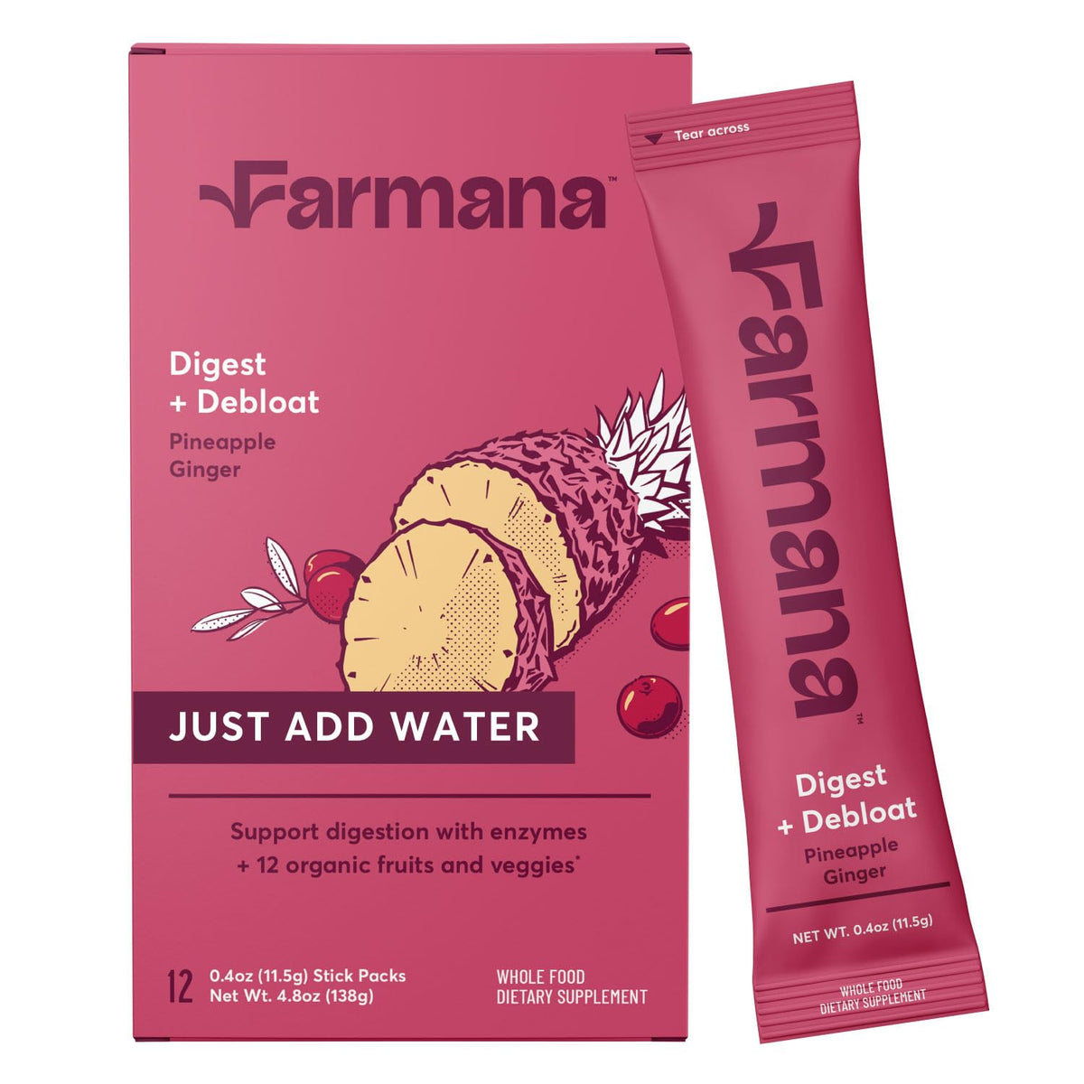 Farmana Debloating Drink Mix bottle close-up for digestion support and gentle relief.