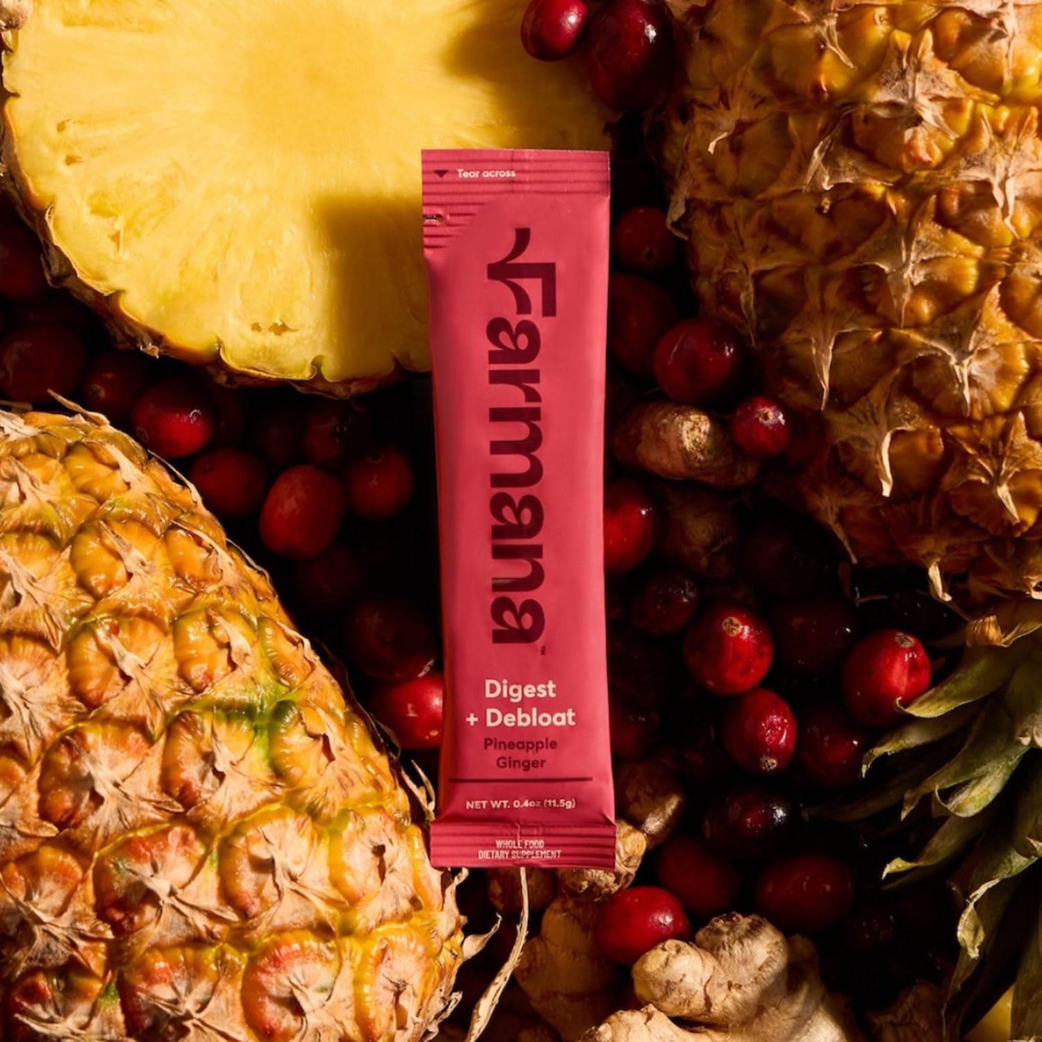 Farmana lifestyle shot with glass and mango-green hues emphasizes refreshing routine.