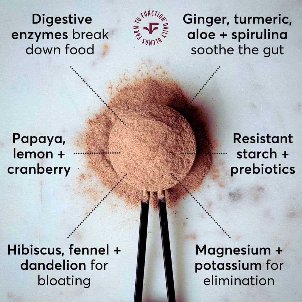 Farmana package and tub image conveys clean ingredients and on-the-go debloat potential.
