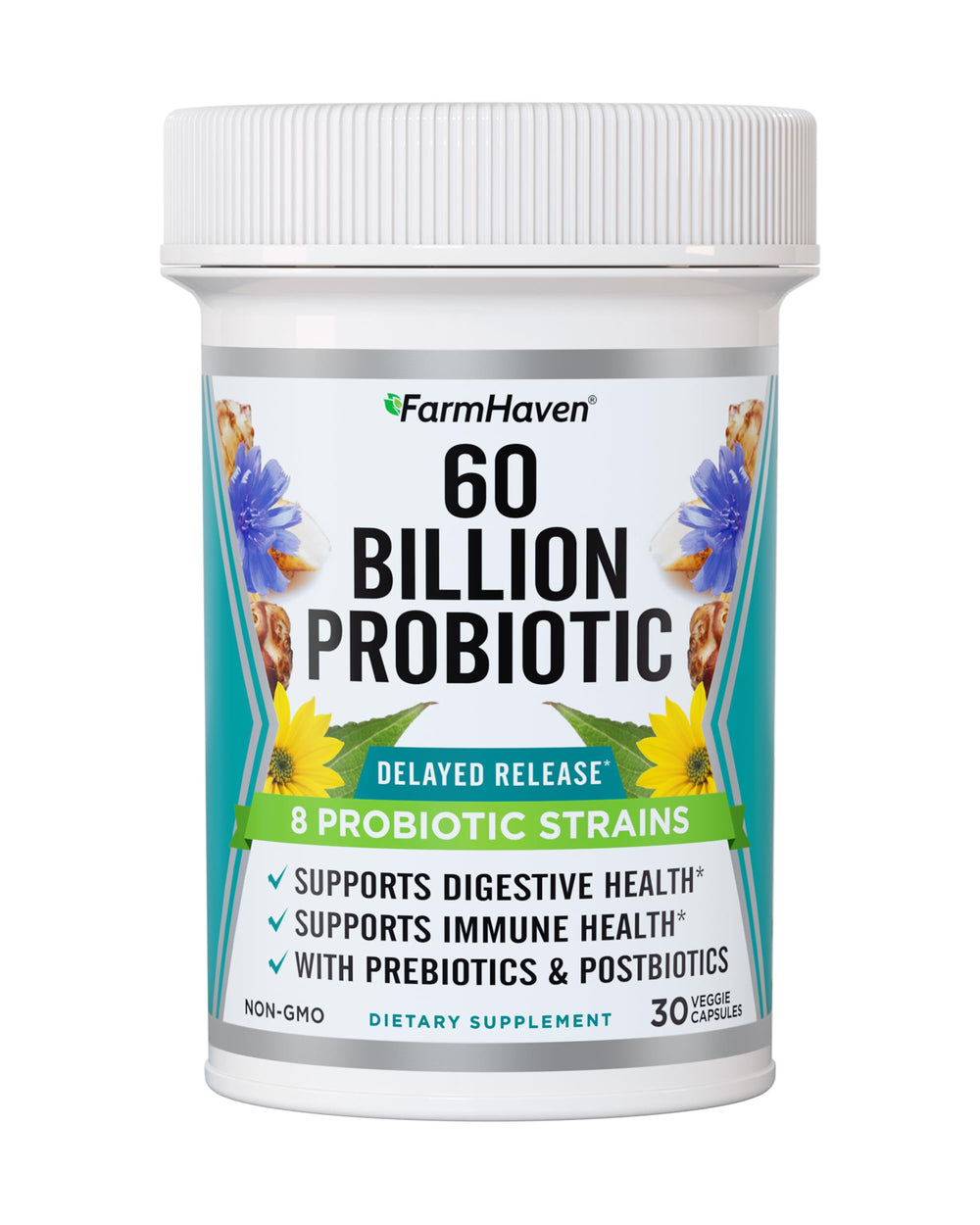 FarmHaven 60 Billion CFU probiotic bottle front view with 30 capsules