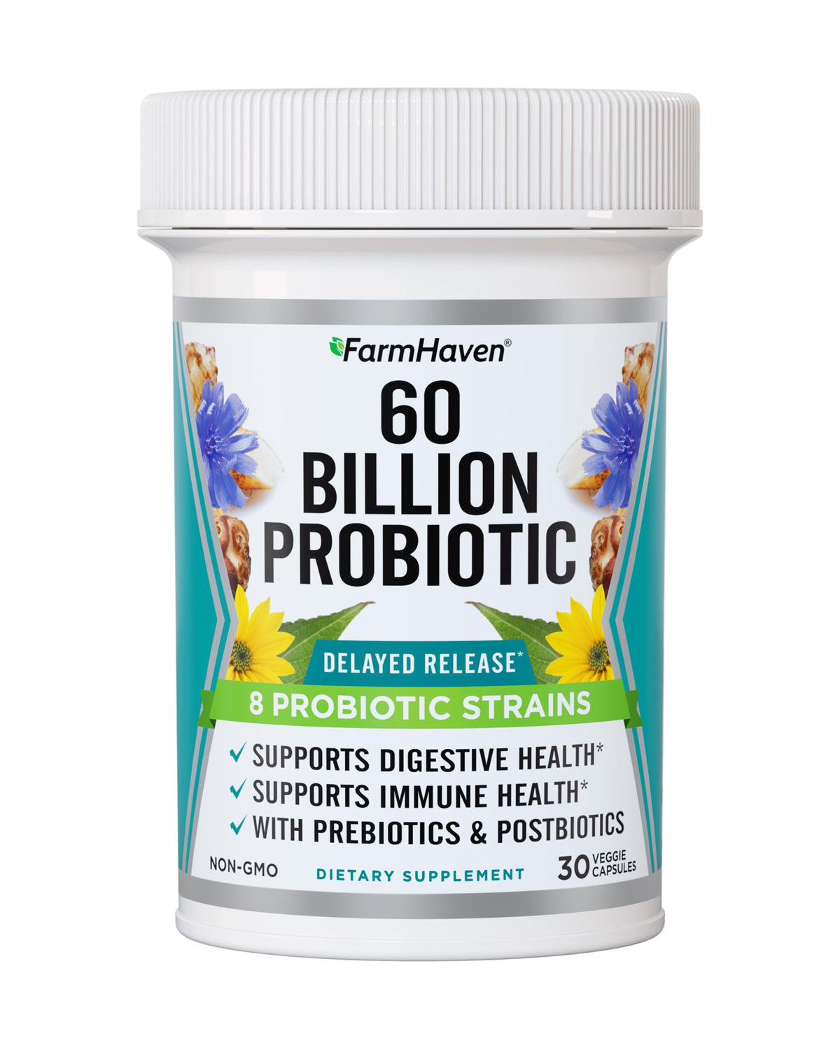 FarmHaven 60 Billion CFU probiotic bottle front view with 30 capsules