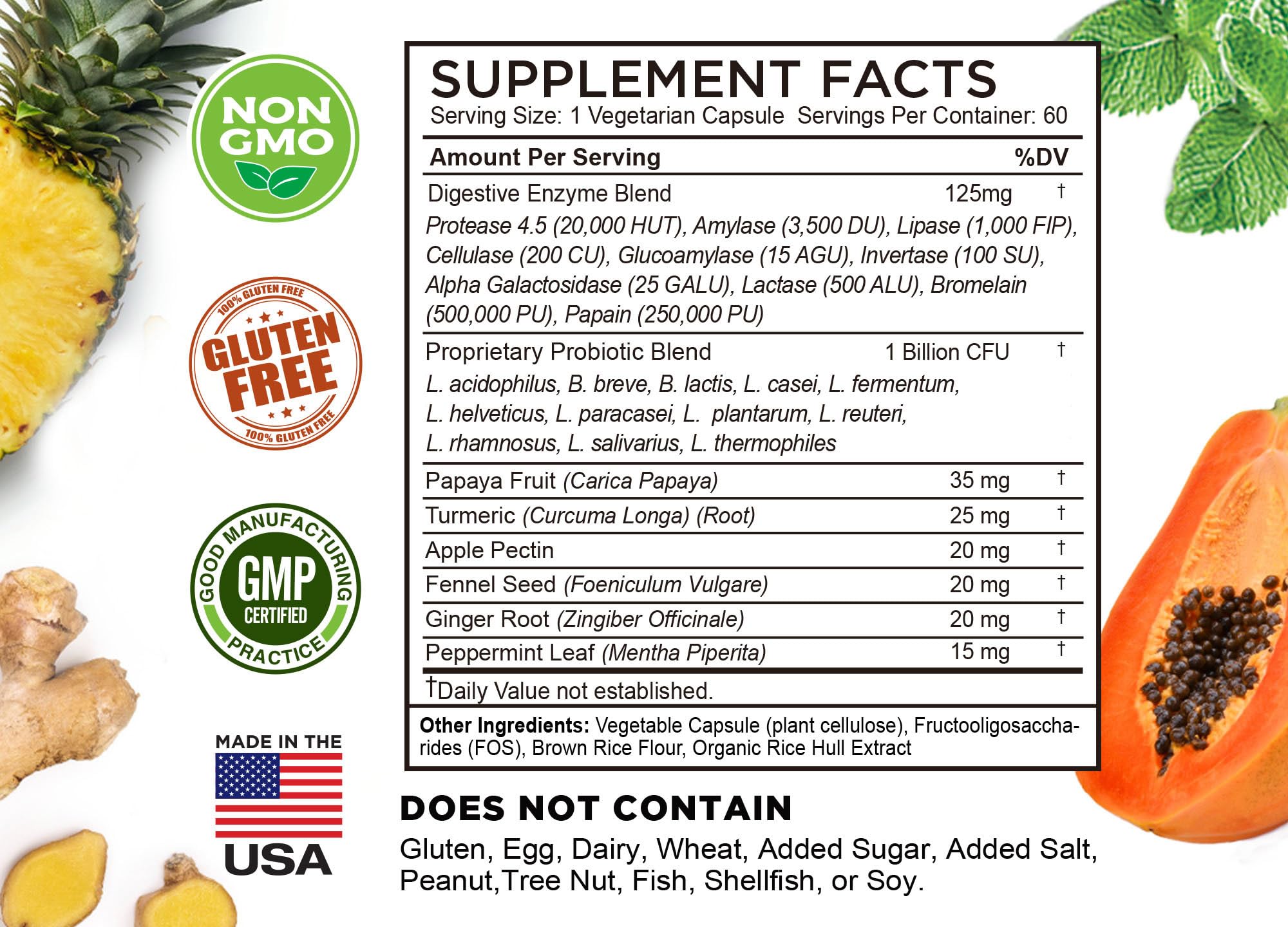 Vegetarian, non-GMO, gluten-free FarmHaven Digestive Enzymes packaging