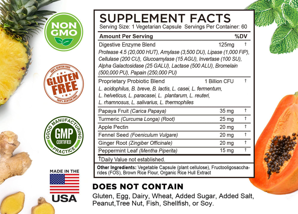 Vegetarian, non-GMO, gluten-free FarmHaven Digestive Enzymes packaging