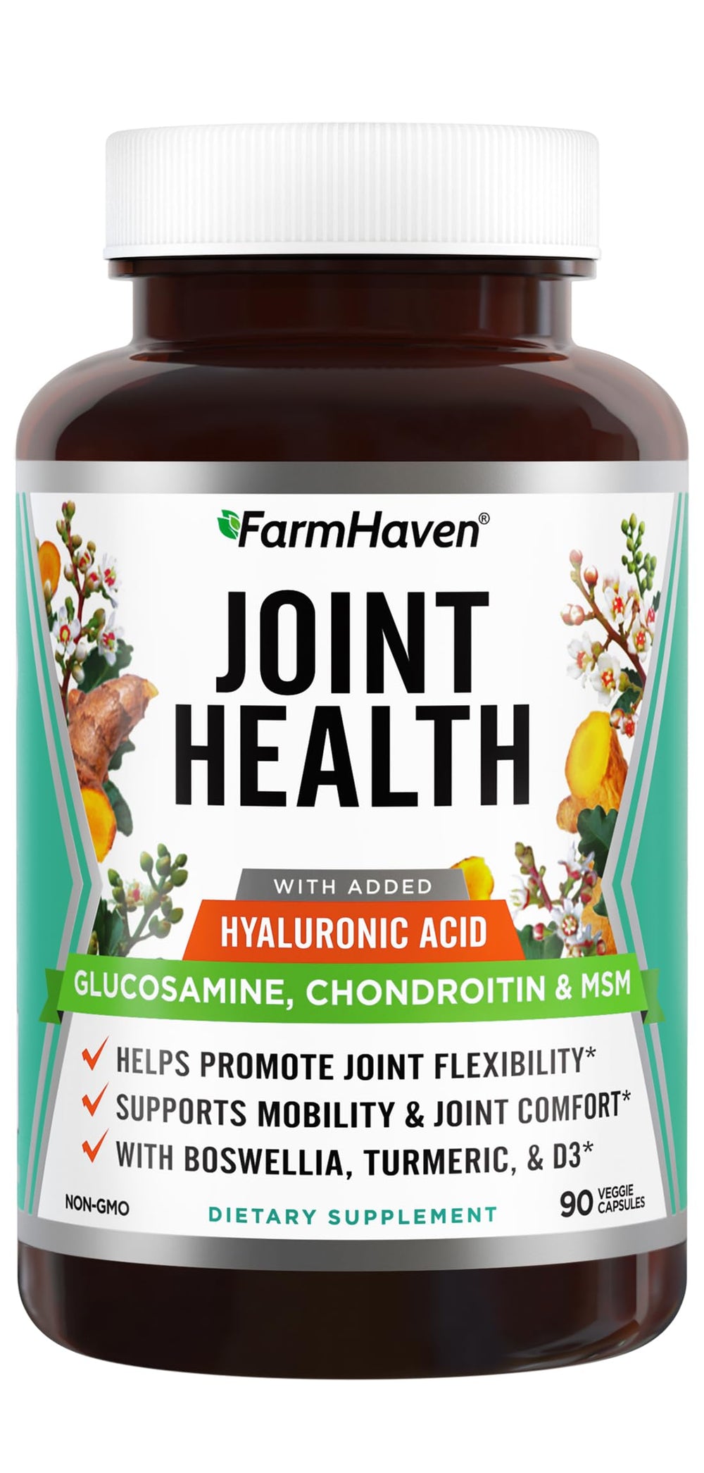 FarmHaven Joint Support bottle showing glucosamine, chondroitin, MSM, boswellia and turmeric