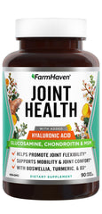 FarmHaven Joint Support bottle showing glucosamine, chondroitin, MSM, boswellia and turmeric
