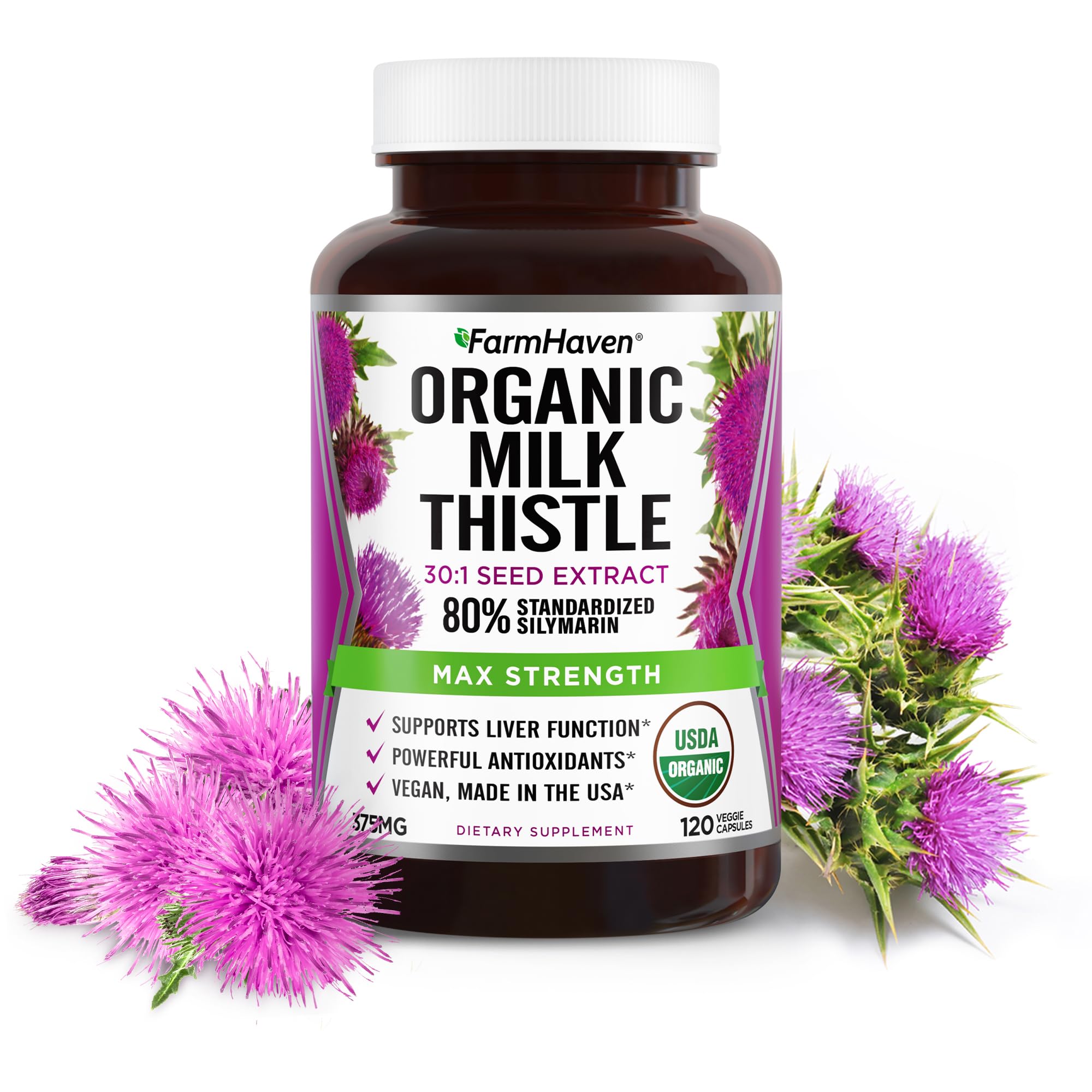 FarmHaven Milk Thistle Capsules bottle showing 375mg per capsule