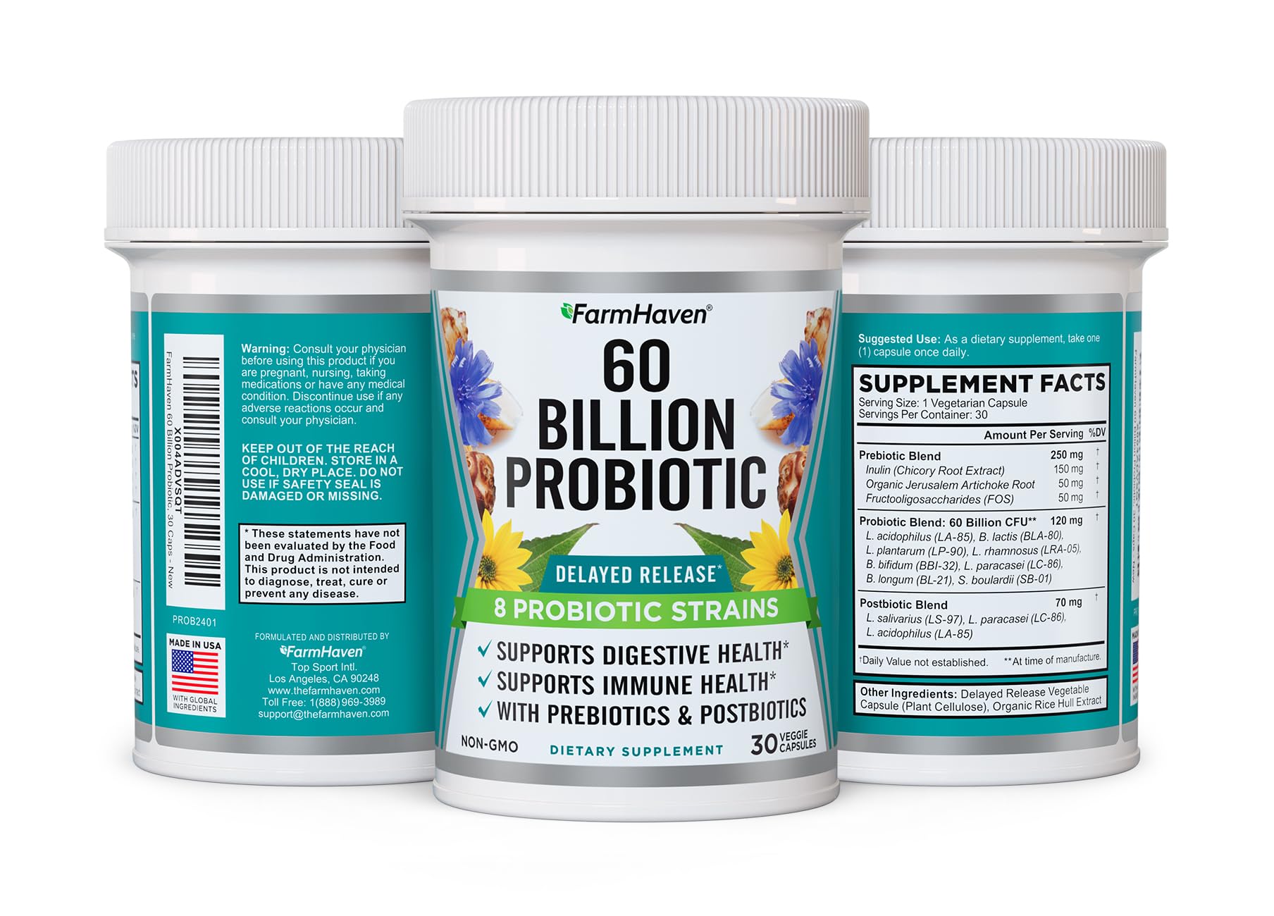 Graphic showing the 8 probiotic strains included in FarmHaven formula