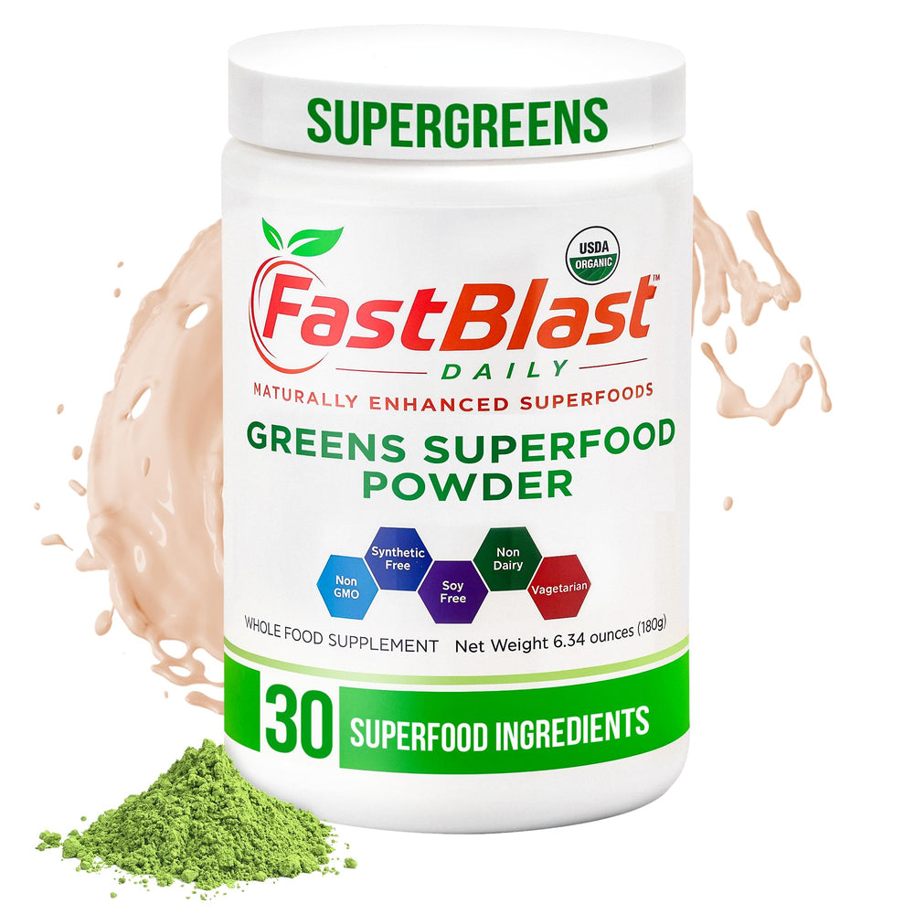 Front view of FastBlast Organic Super Greens Powder canister (180g)