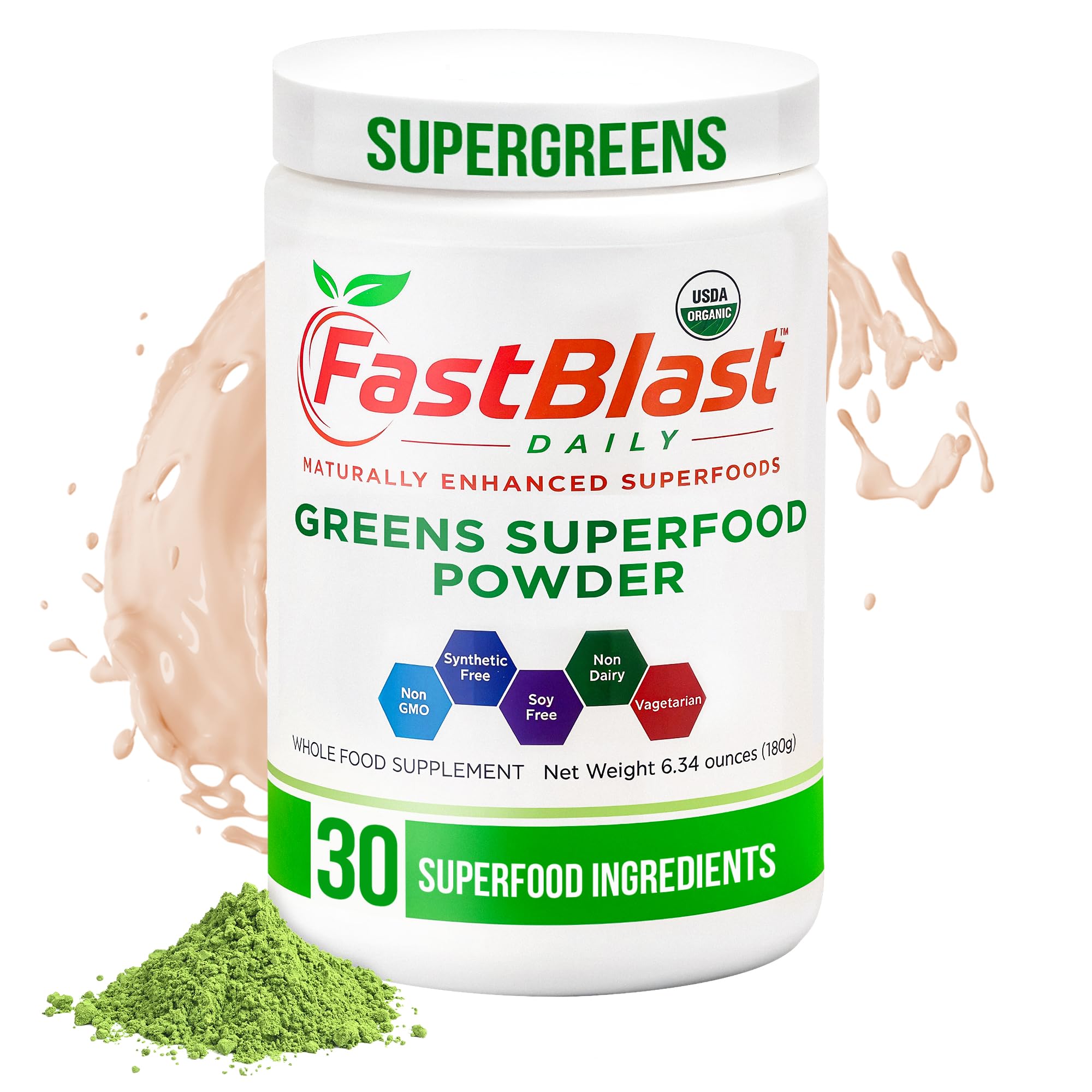 Front view of FastBlast Organic Super Greens Powder 180g container