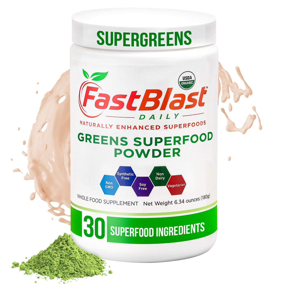 Front view of FastBlast Organic Super Greens Powder 180g container