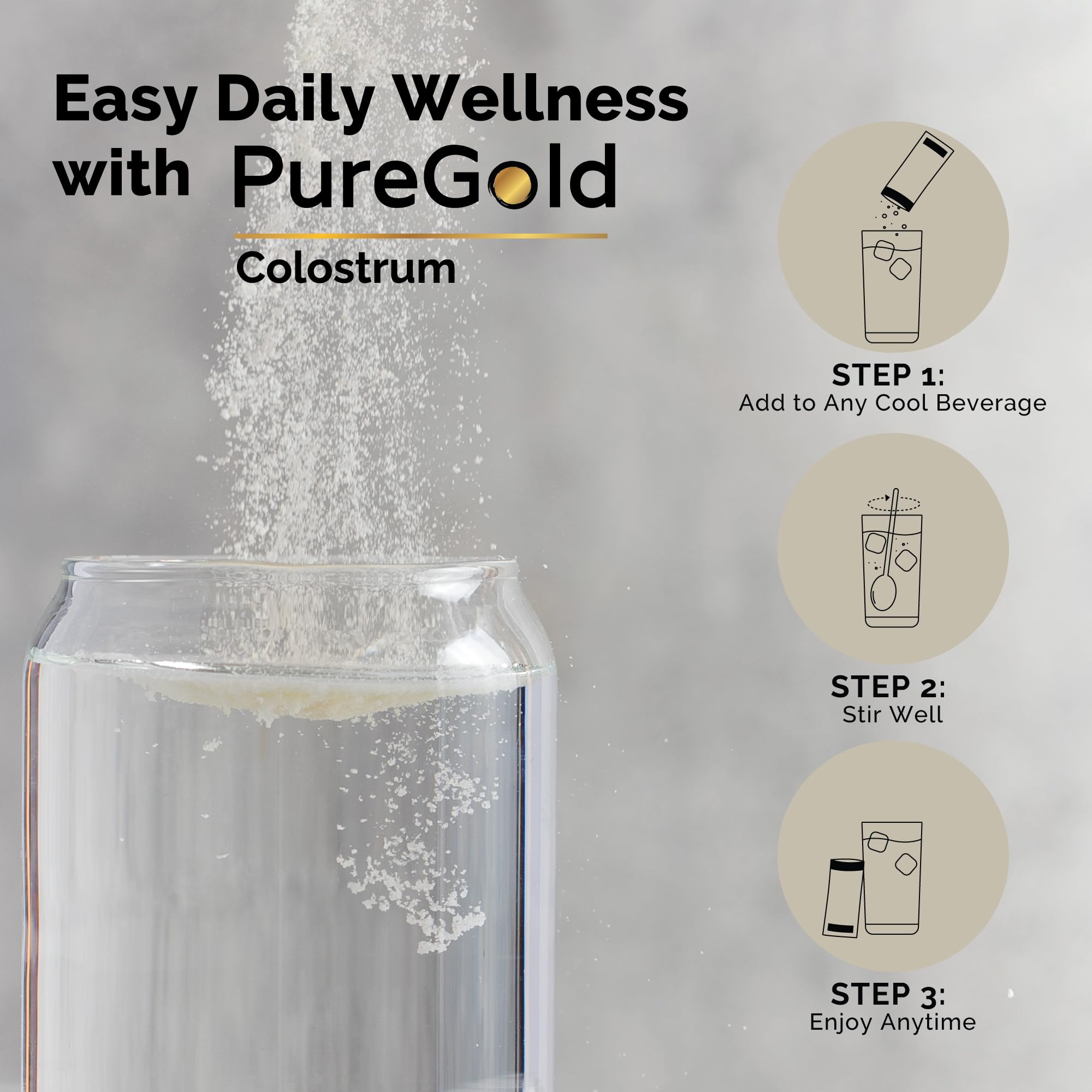Pouring colostrum powder into a glass