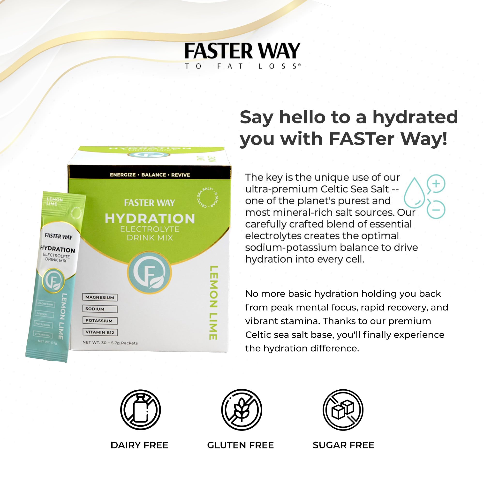 Faster Way ingredient layout with sea salt, ACV, probiotics showing quality components
