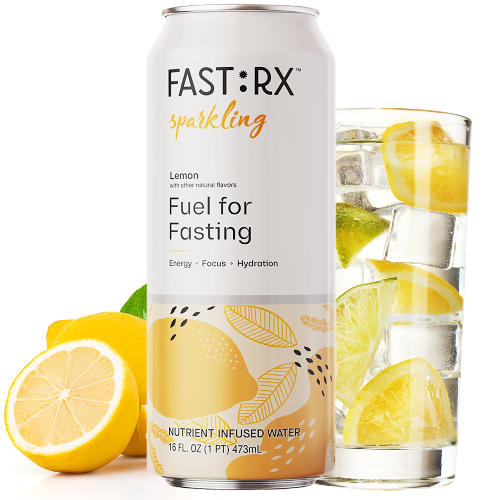 FAST:RX fastrx meyer lemon sparkling bottle on table captures compact 16oz serving for travel.