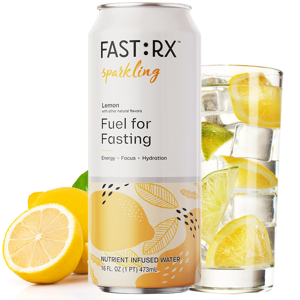 FAST:RX fastrx meyer lemon sparkling bottle on table captures compact 16oz serving for travel.
