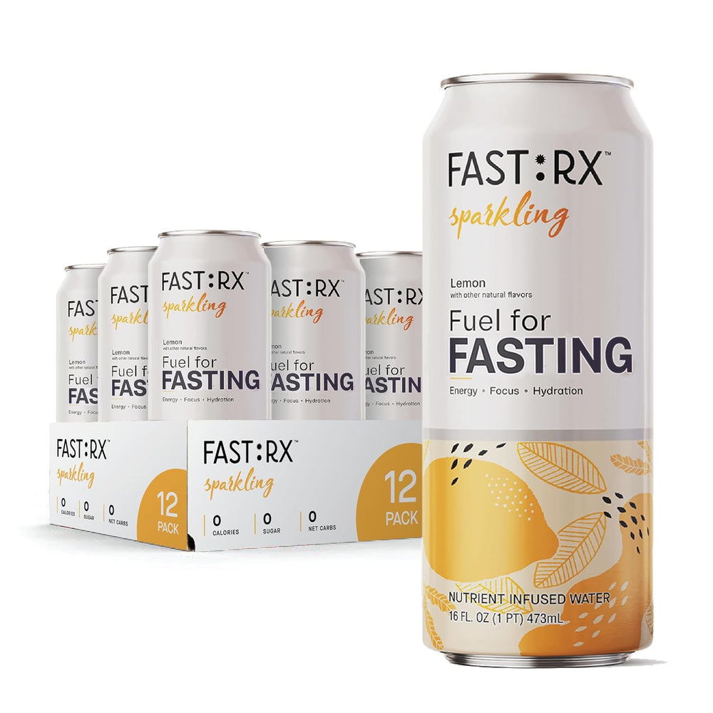 FAST:RX fastrx meyer lemon sparkling bottle foregrounds zero-calorie hydration with electrolytes.