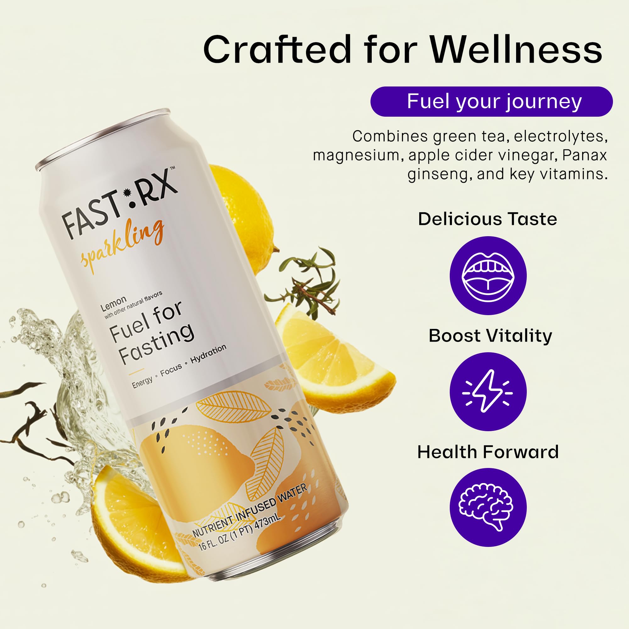 FAST:RX fastrx meyer lemon sparkling ingredient panel reveals magnesium, green tea, and ginseng for focus.